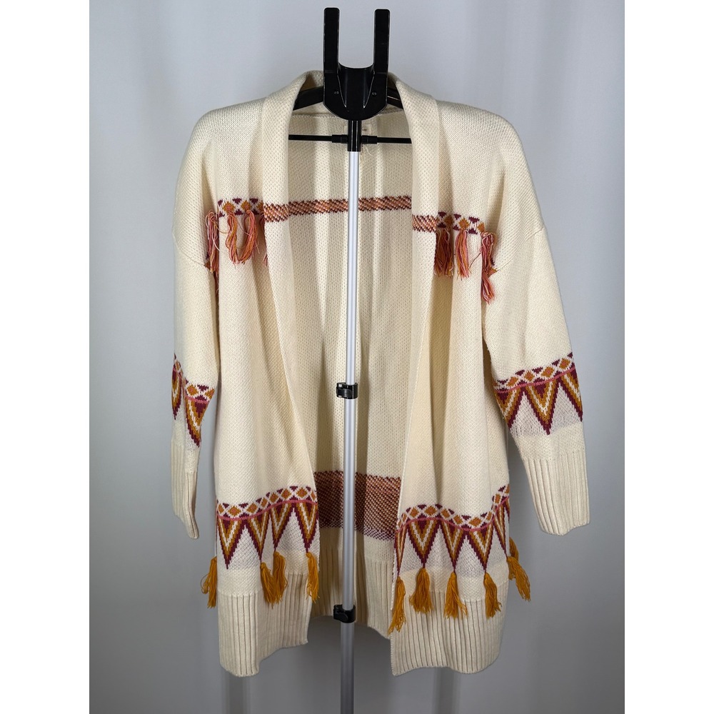 Matilda Jane Women Medium Cream Southwestern Tassel Fringe Open Front Cardigan